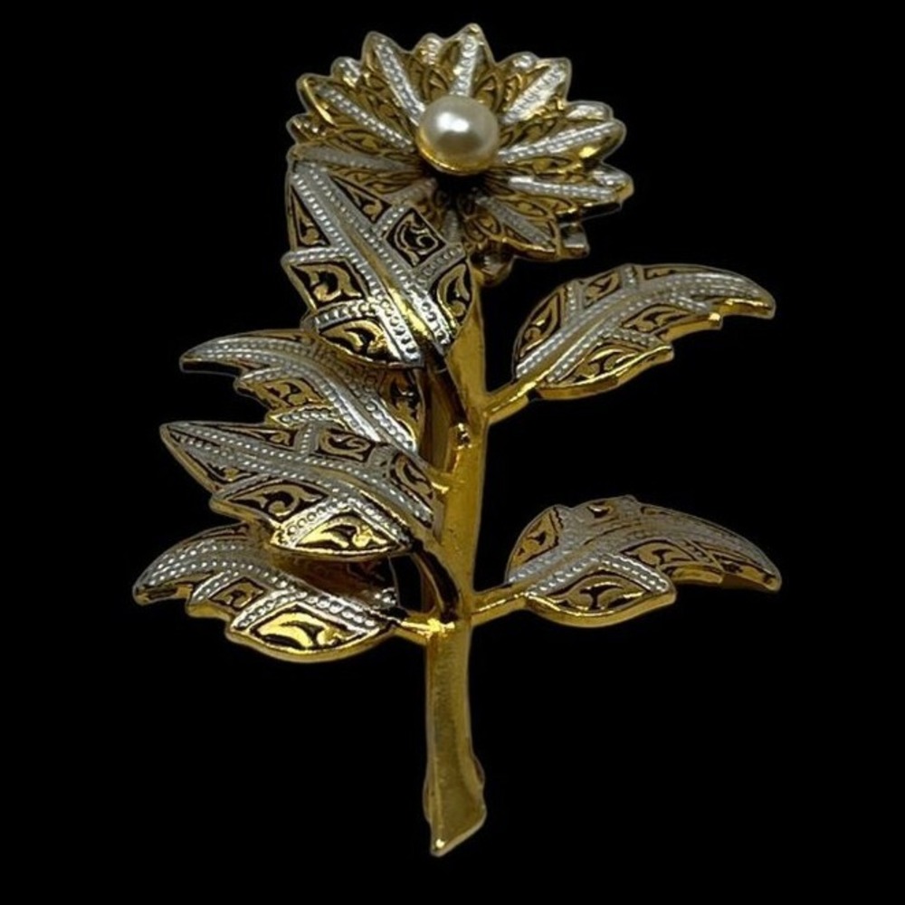 Vintage Flower Brooch Gold White Enamel Accents Textured Layered Faux Pearl Pin